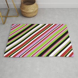 [ Thumbnail: Red, Plum, Green, Black & White Colored Lines Pattern Rug ]