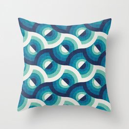 Here comes the sun // navy blue teal and spearmint gradient 70s inspirational groovy geometric suns Throw Pillow