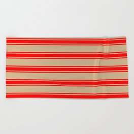 [ Thumbnail: Tan & Red Colored Lines Pattern Beach Towel ]
