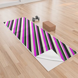 [ Thumbnail: Forest Green, Fuchsia, Beige, and Black Colored Lined/Striped Pattern Yoga Towel ]