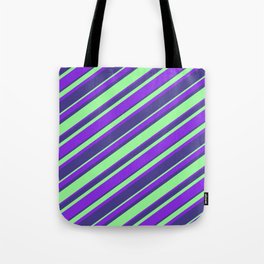 [ Thumbnail: Purple, Dark Slate Blue & Green Colored Striped/Lined Pattern Tote Bag ]