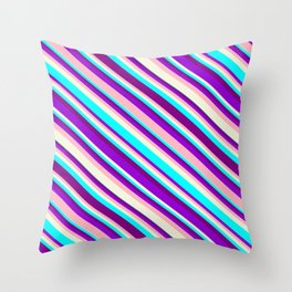 [ Thumbnail: Dark Violet, Light Pink, Beige, Cyan, and Purple Colored Lines Pattern Throw Pillow ]
