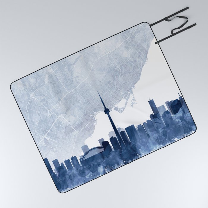 Toronto Skyline & Map Watercolor Navy Blue, Print by Zouzounio Art Picnic Blanket