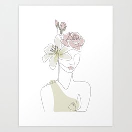 Blooming Portrait / Girl line drawing with pastel flowers / Explicit Design Art Print