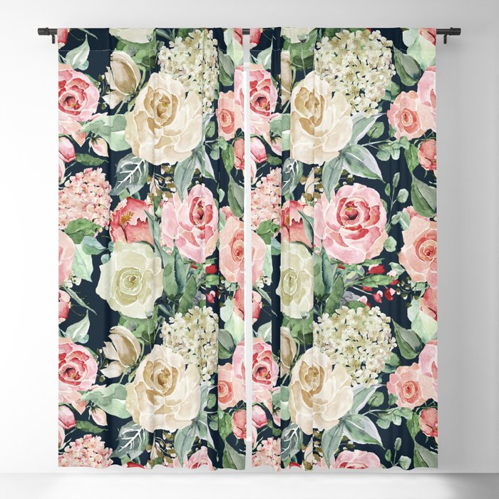 Country chic navy blue pink ivory watercolor floral Blackout Curtain