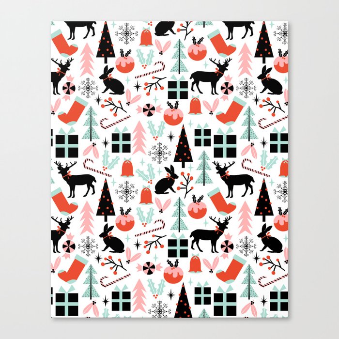 Christmas ornaments minimal holly reindeer candy cane christmas tree pattern print Canvas Print