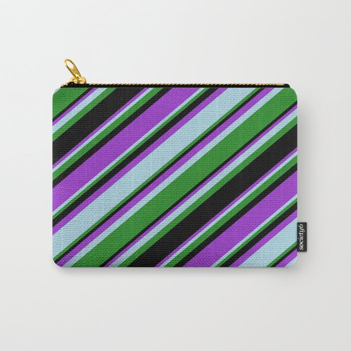 Dark Orchid, Light Blue, Forest Green, and Black Colored Stripes/Lines Pattern Carry-All Pouch