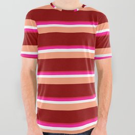 [ Thumbnail: Crimson, Deep Pink, White, Light Salmon, and Dark Red Colored Lines Pattern All Over Graphic Tee ]