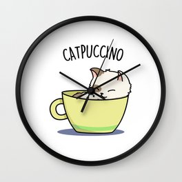 Catpuccino Cute Cappuccino Coffee Cat Pun Wall Clock