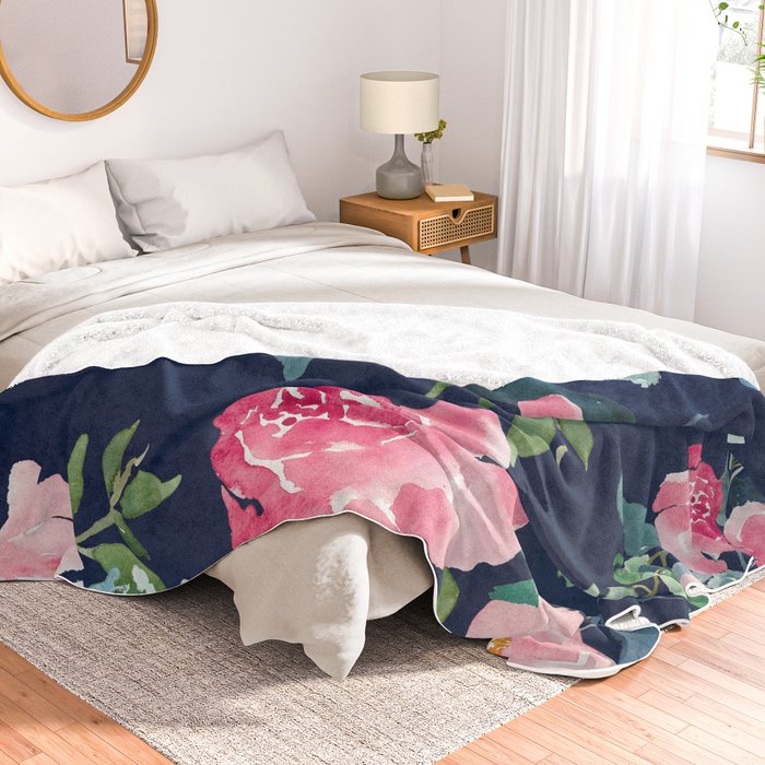 Navy and Pink Watercolor Peony Throw Blanket