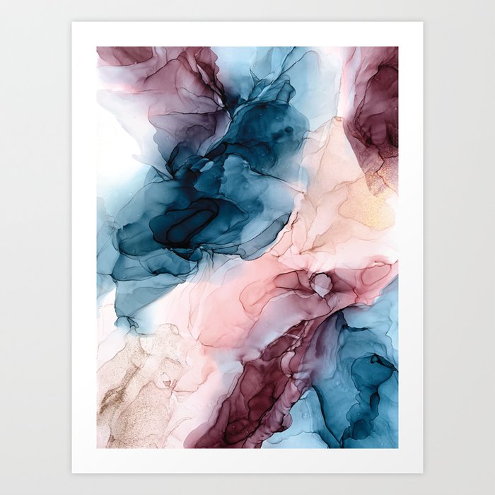 Pastel Plum Deep Blue Blush and Gold Abstract Painting Art Print
