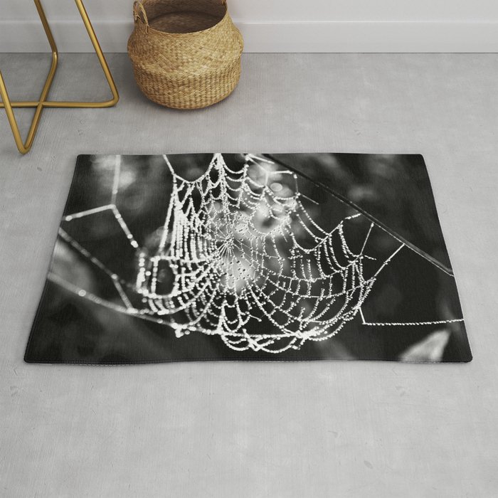 Spider's web with morning dew nature portrait black and white photograph - photography - photographs Rug