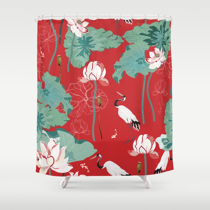Lotus Flower and Red-crowned Crane Shower Curtain