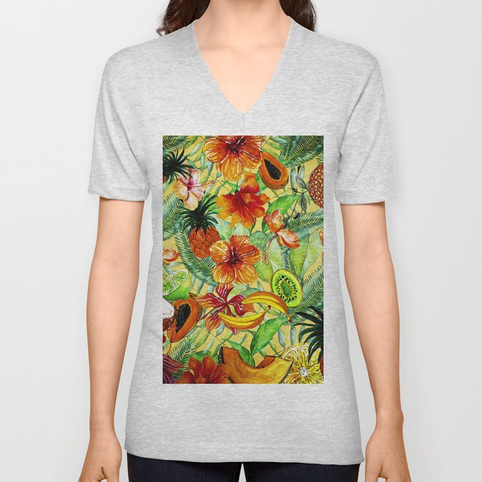 My tropical Summer Hibiscus and Fruits Garden - Jungle Pattern V Neck T Shirt
