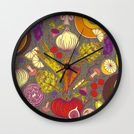 Vintage Veggies and Fruit on Textured Dark Background Wall Clock