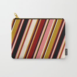 [ Thumbnail: Vibrant Light Coral, Beige, Dark Goldenrod, Dark Red & Black Colored Lines/Stripes Pattern Carry-All Pouch ]
