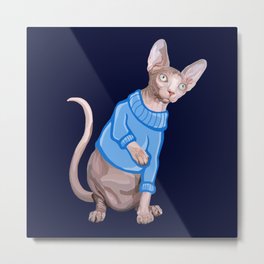 Cute Sphynx Cat with Blue Knit Sweater  Metal Print