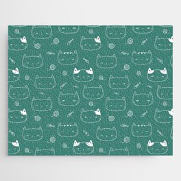 Green Blue and White Doodle Kitten Faces Pattern Jigsaw Puzzle