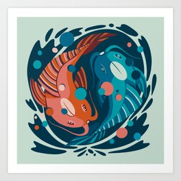 Japanese fishes in a in and jan circle - flat abstract illustration in limited ocean water blue and japan color palete Art Print