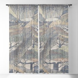 Marching Trees Batik, 1970's Nature Painting in Natural Tones Sheer Curtain
