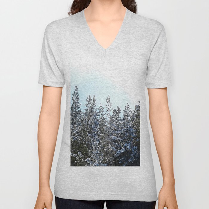 Scottish Highland Snow Crowned Pine Trees V Neck T Shirt