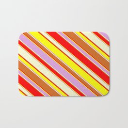 [ Thumbnail: Eyecatching Red, Yellow, Plum, Light Yellow & Chocolate Colored Stripes Pattern Bath Mat ]