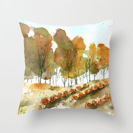 Autumn Trees and Pumpkin Patch Watercolor Throw Pillow