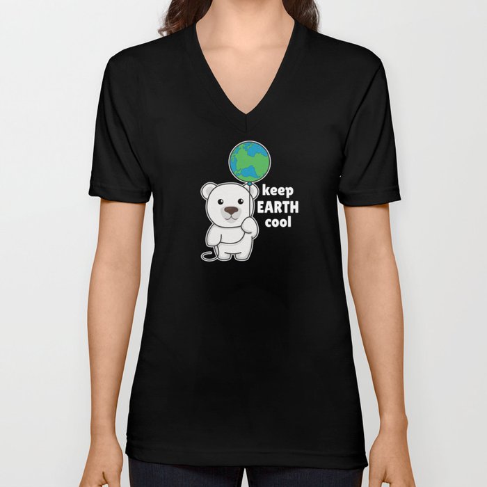 Polar Bear With Earth Climate Keeps earth cool V Neck T Shirt