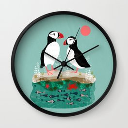 Puffins - Bird Art, Shorebird, Sea bird, birds, Cute illustration by Andrea Lauren Wall Clock