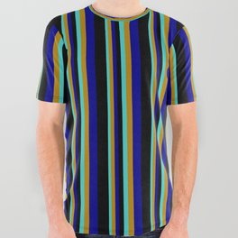 [ Thumbnail: Turquoise, Dark Goldenrod, Dark Blue & Black Colored Stripes Pattern All Over Graphic Tee ]