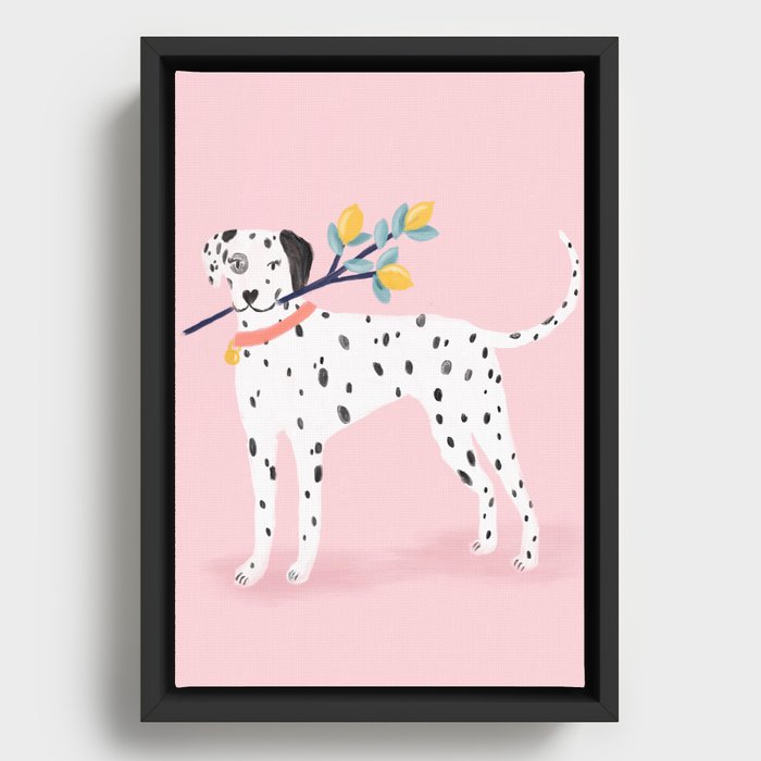 Dalmatian with Lemon Tree in Pink Framed Canvas