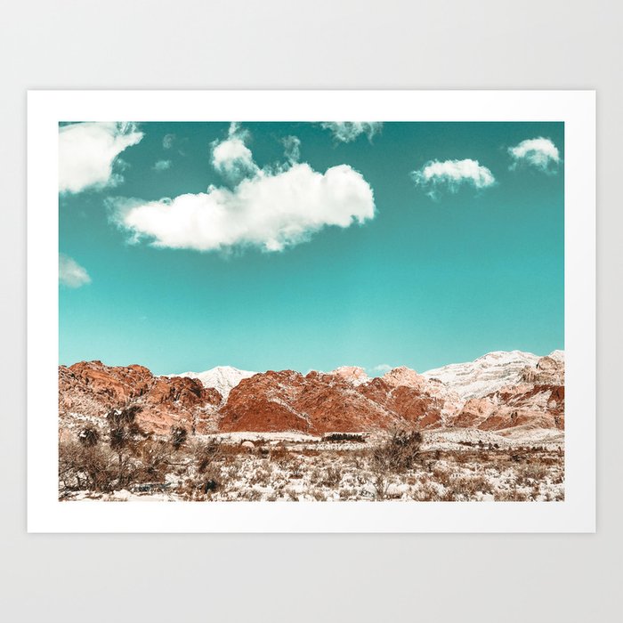 Vintage Red Rocks Snow In The Mojave Desert Clouds Teal Sky Mountain Range Landscape Art Print By Palmtreeprints