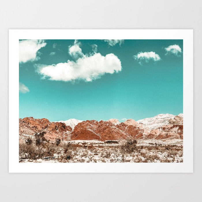 Vintage Red Rocks // Snow in the Mojave Desert Clouds Teal Sky Mountain Range Landscape Art Print