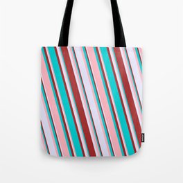 [ Thumbnail: Dark Turquoise, Light Pink, Lavender & Brown Colored Lines Pattern Tote Bag ]