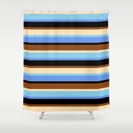 [ Thumbnail: Brown, Beige, Sky Blue, Cornflower Blue & Black Colored Striped Pattern Shower Curtain ]