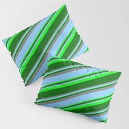 [ Thumbnail: Light Sky Blue, Lime, Dark Green & Grey Colored Striped Pattern Pillow Sham ]