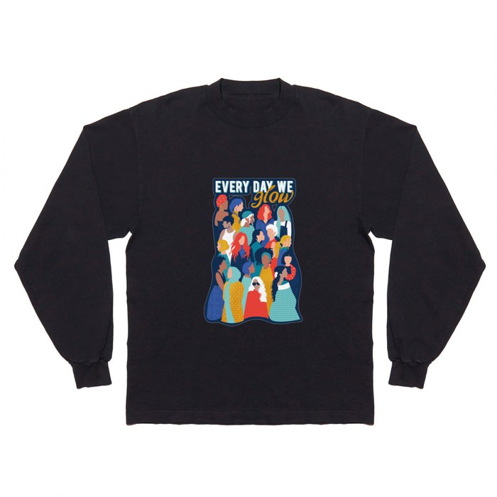 Every day we glow International Women's Day // midnight navy blue background teal, mint, electric blue neon orange red and gold humans  Long Sleeve T Shirt
