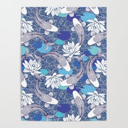 Blue Koi Ripples fish Pattern Poster