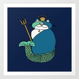 Blue Kevin the Cat Mermaid King Art Print