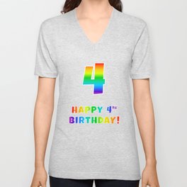[ Thumbnail: HAPPY 4TH BIRTHDAY - Multicolored Rainbow Spectrum Gradient V Neck T Shirt V-Neck T-Shirt ]