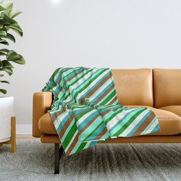 [ Thumbnail: Colorful Light Sea Green, Brown, Aquamarine, Green & Mint Cream Colored Lined/Striped Pattern Throw Blanket ]
