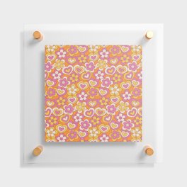 Happy Daisy and Heart Pattern, Cute, Summer, Tangerine Orange, Fuchsia Floating Acrylic Print