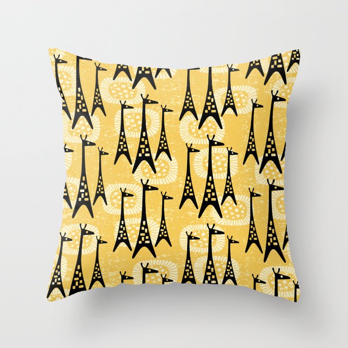 Mid Century Modern Giraffe Pattern Black and Yellow Throw Pillow