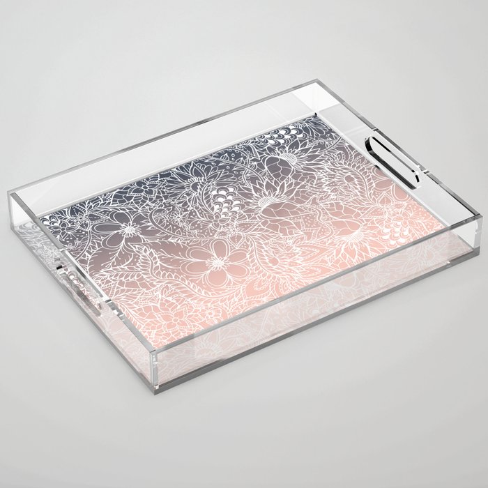 Navy Blue Pastel Peach Ombre Gradient White Floral Pattern Acrylic Tray By Girlytrend