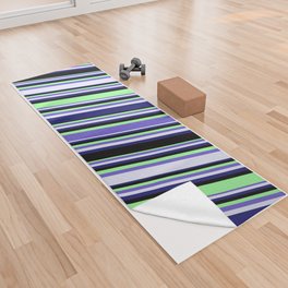 [ Thumbnail: Slate Blue, Lavender, Midnight Blue, Black & Green Colored Lines/Stripes Pattern Yoga Towel ]