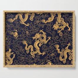 Chinese traditional golden dragon and peony hand drawn illustration pattern Serving Tray
