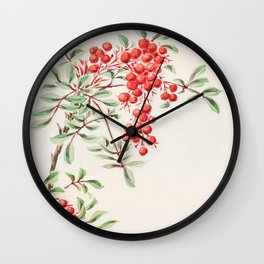 Vintage Japanese Painting Of Red Berry-Botanical Green Leaves Plant Wall Clock