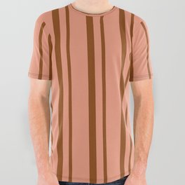 [ Thumbnail: Brown & Dark Salmon Colored Lined Pattern All Over Graphic Tee ]