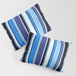 [ Thumbnail: Vibrant Light Sky Blue, Mint Cream, Dark Slate Blue, Blue & Black Colored Lines Pattern Pillow Sham ]