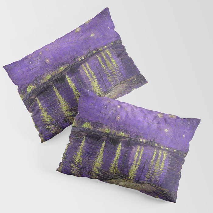 Starry Night Over the Rhone landscape painting by Vincent van Gogh in alternate purple with yellow stars Pillow Sham